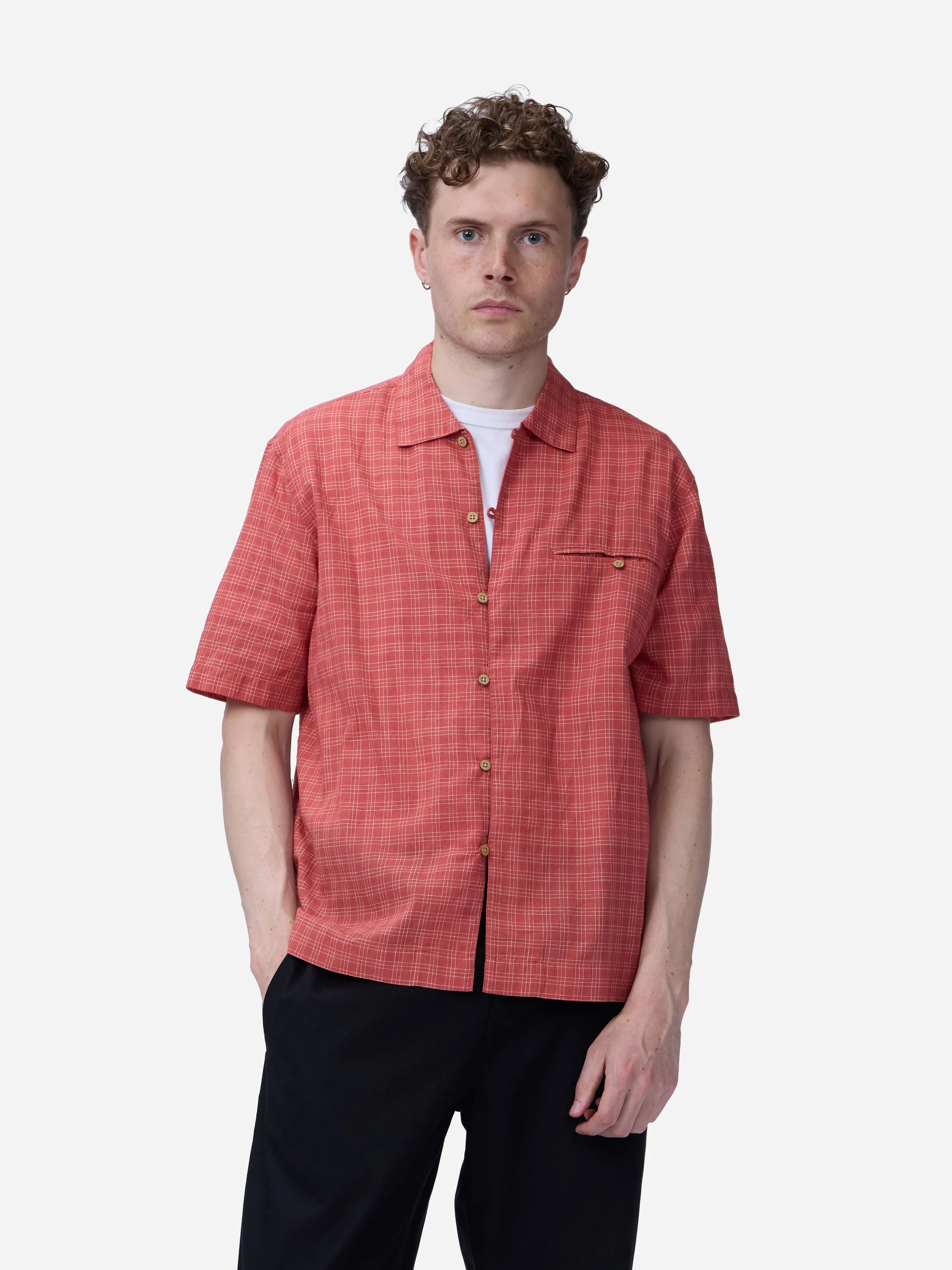 Short Sleeve Loop Shirt ~ Red Microcheck sold by 3sixteen