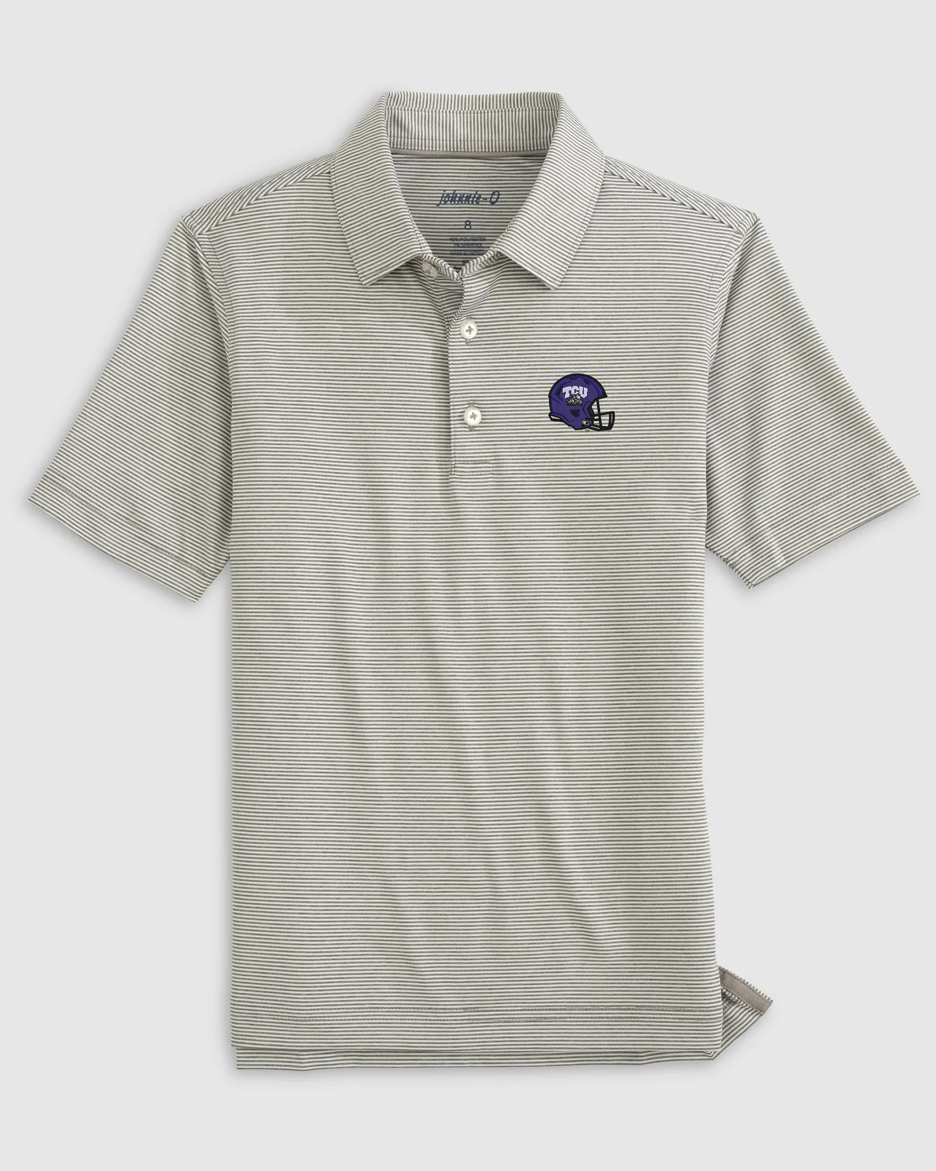 Texas Christian Lyndonn Jr. Striped Jersey Performance Polo - Helmet Logo sold by Johnnie-O