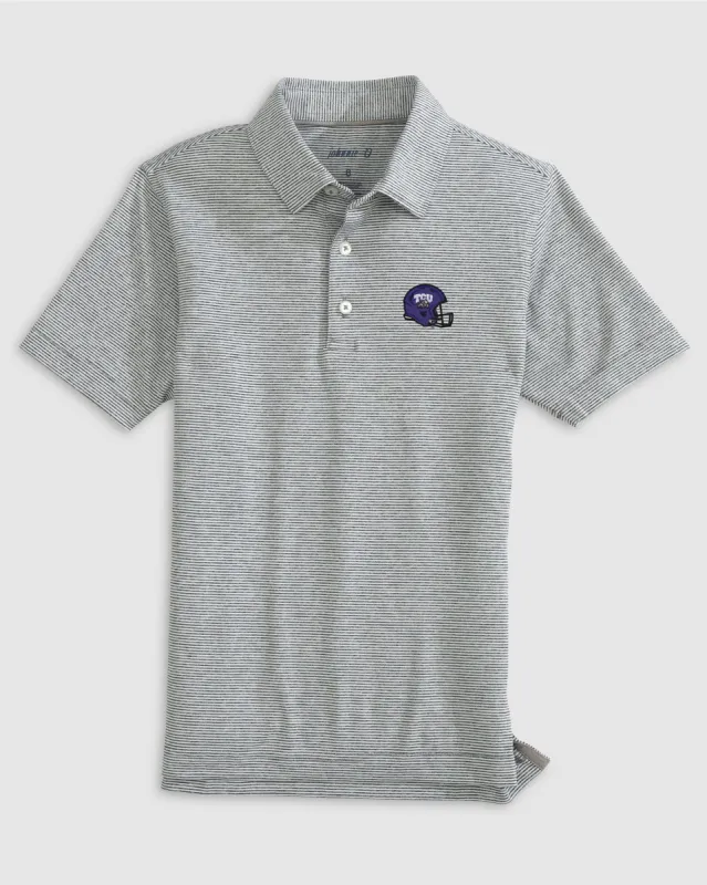 Texas Christian Lyndonn Jr. Striped Jersey Performance Polo - Helmet Logo sold by Johnnie-O