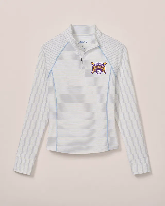 Women's Louisiana State Jasmine Striped Performance 1/4 Zip - College World Series Championship Logo sold by Johnnie-O