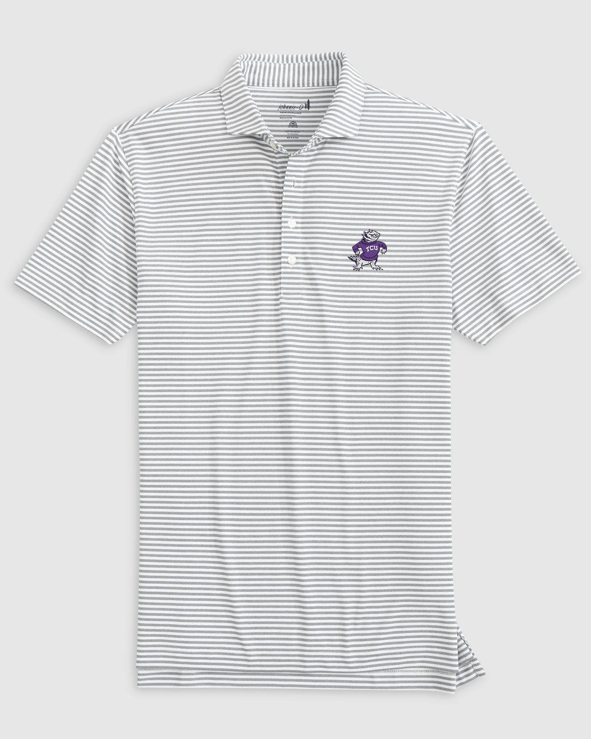 Texas Christian Stetsons Striped Performance Mesh Polo - Vault Logo sold by Johnnie-O