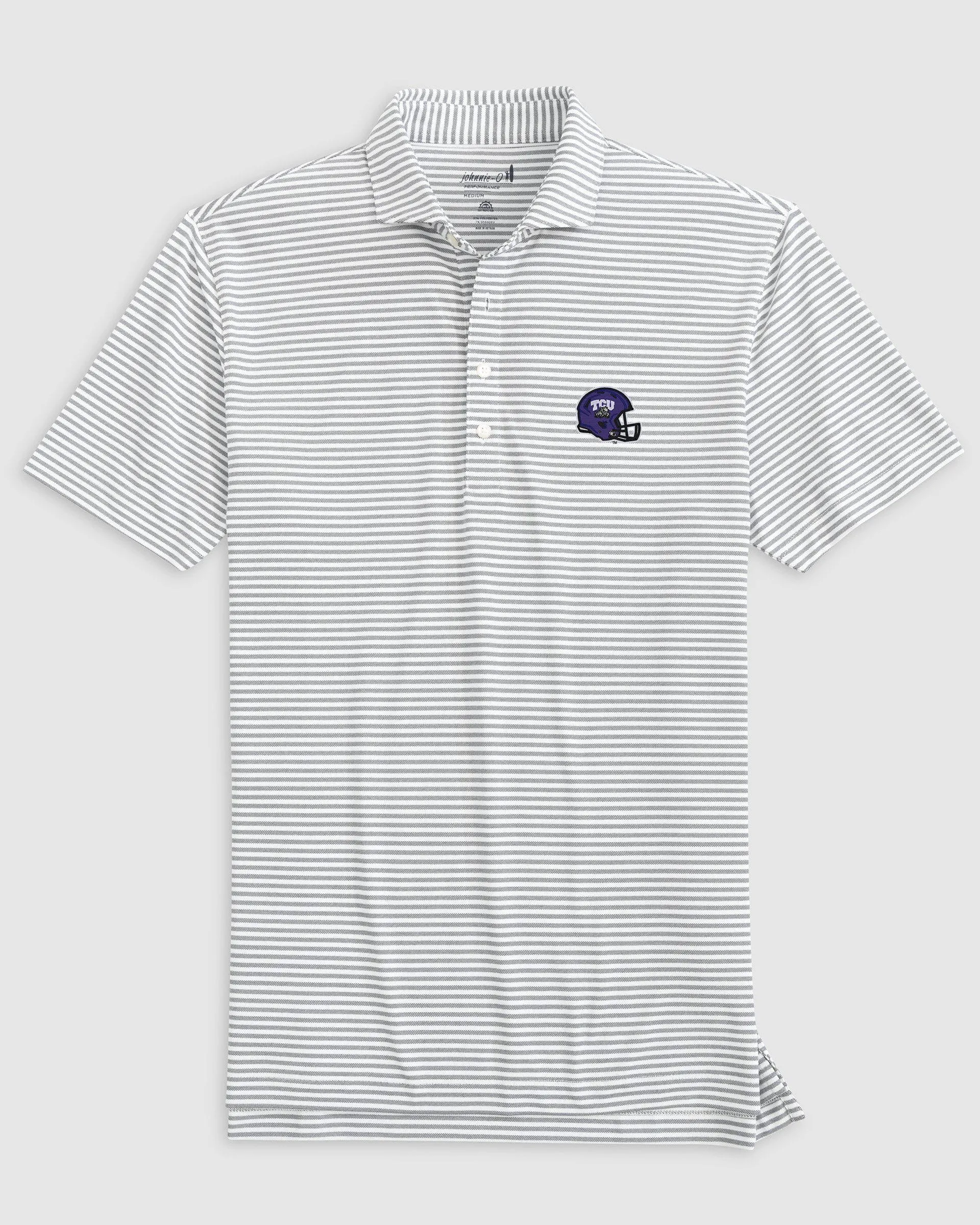 Texas Christian Stetsons Striped Performance Mesh Polo - Helmet Logo sold by Johnnie-O