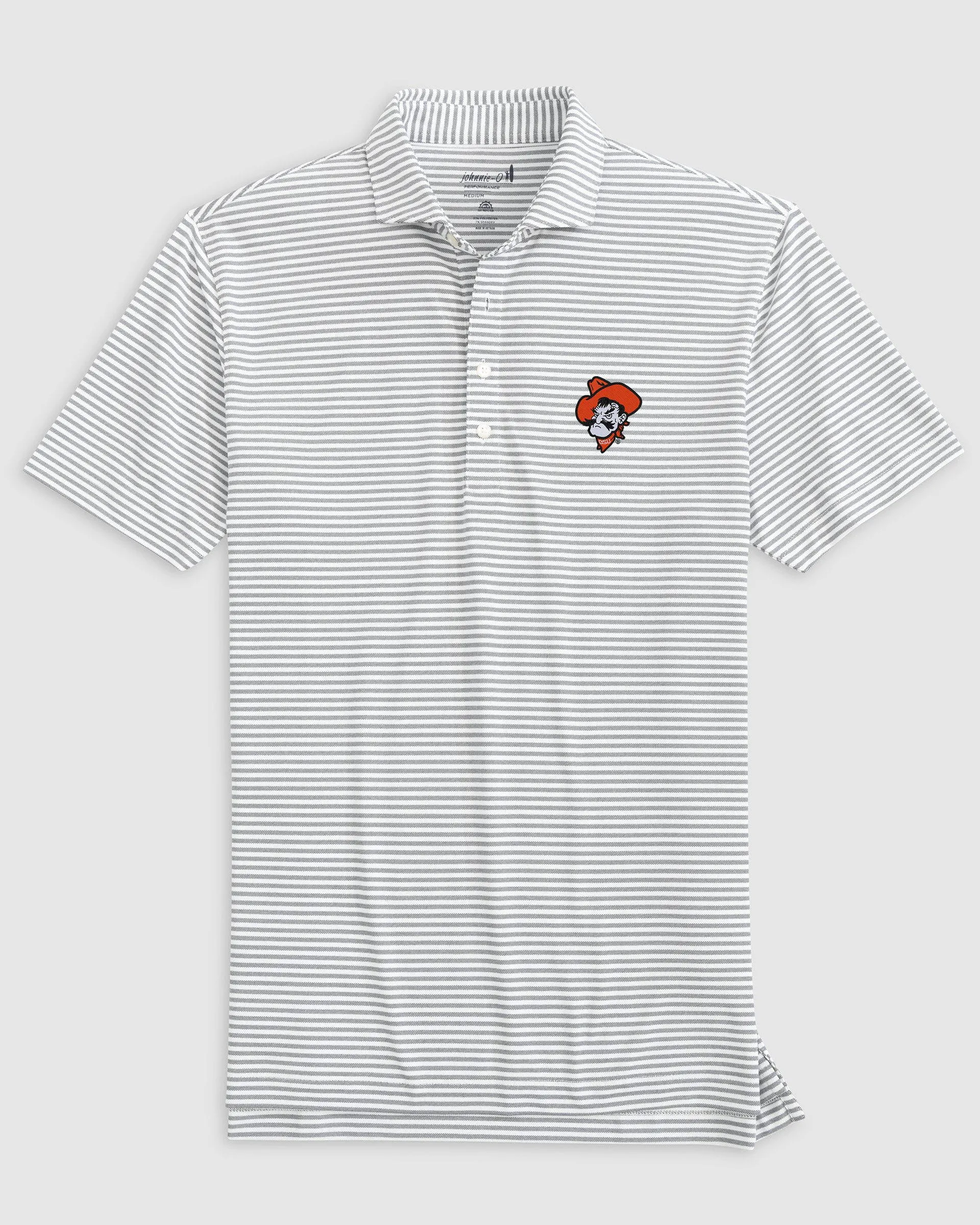 Oklahoma State Stetsons Striped Performance Mesh Polo - Pistol Pete Logo sold by Johnnie-O