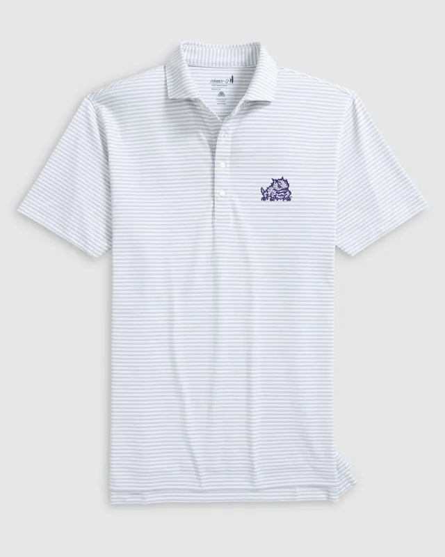 Texas Christian Stetsons Striped Performance Mesh Polo - Horned Frog Logo sold by Johnnie-O