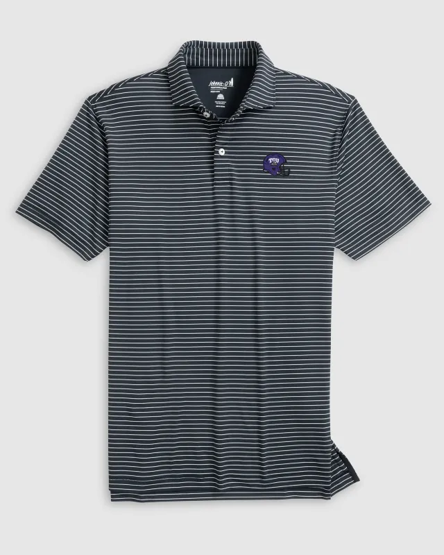 Texas Christian Beau Striped Performance Jersey Polo - Helmet Logo sold by Johnnie-O