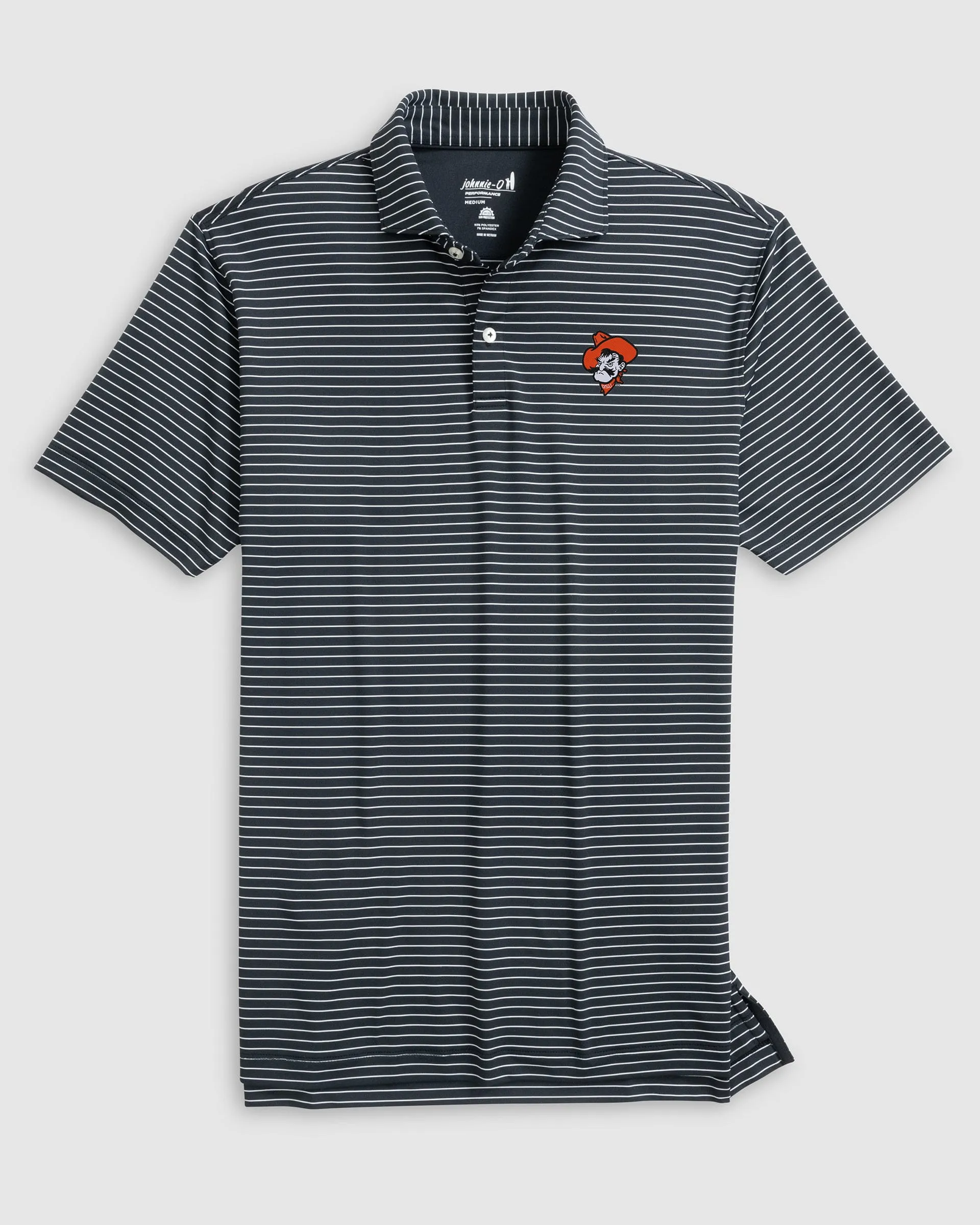 Oklahoma State Beau Striped Performance Jersey Polo - Pistol Pete Logo sold by Johnnie-O