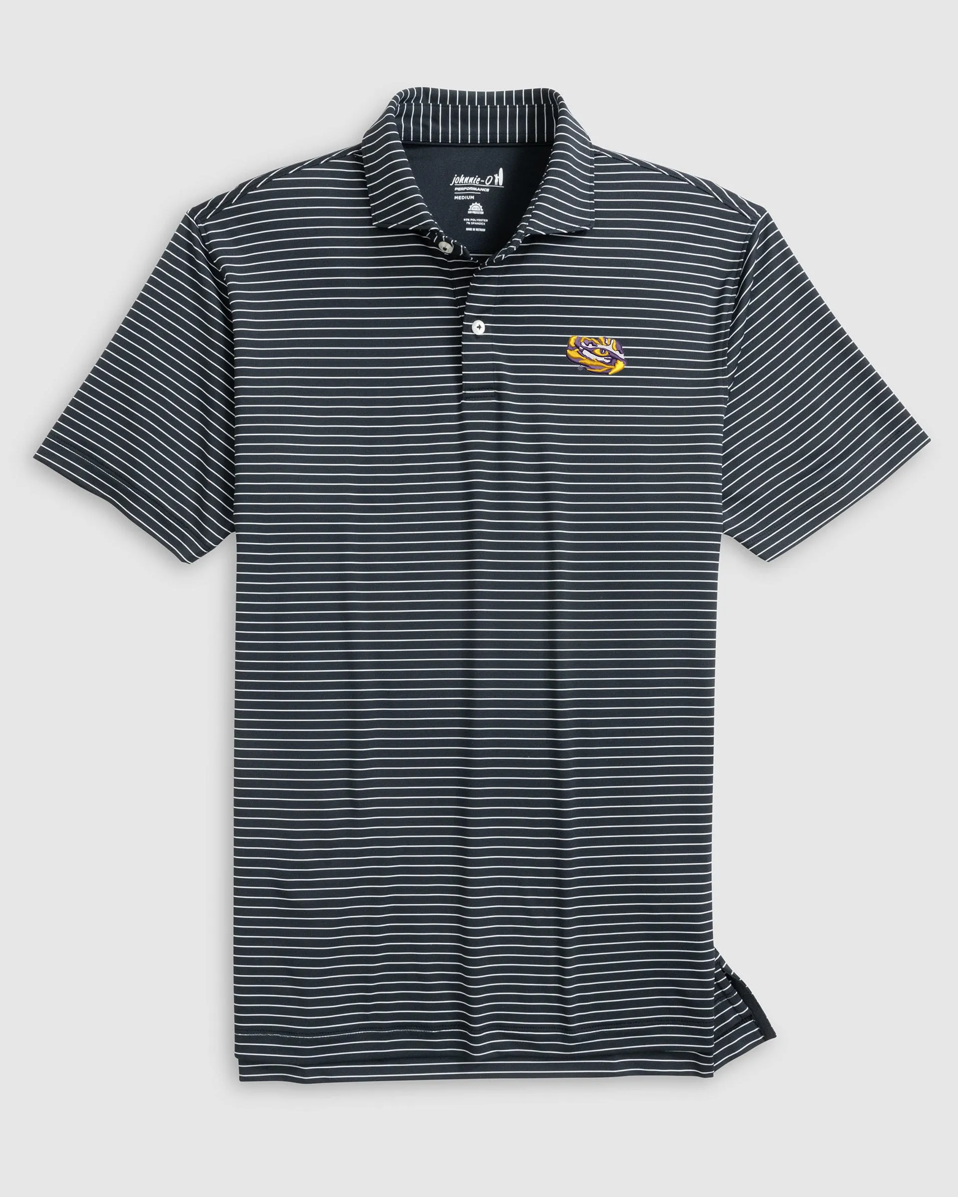 Louisiana State Beau Striped Performance Jersey Polo - Tiger Eye Logo sold by Johnnie-O