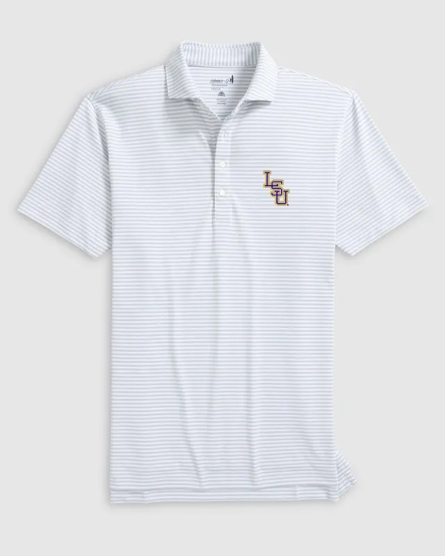 Louisiana State Stetsons Striped Performance Mesh Polo - Baseball Logo sold by Johnnie-O