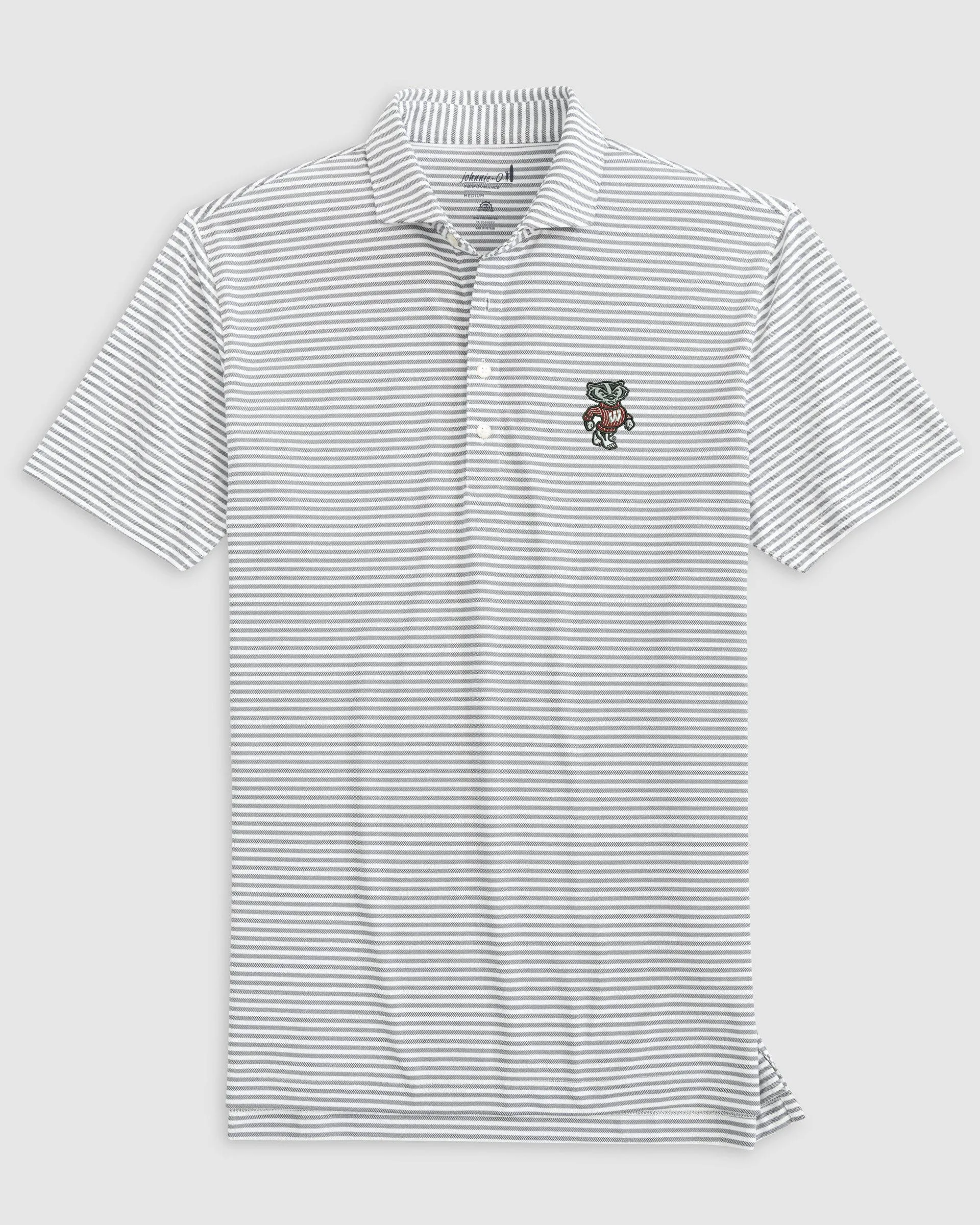 Wisconsin Stetsons Striped Performance Mesh Polo - Bucky Logo sold by Johnnie-O