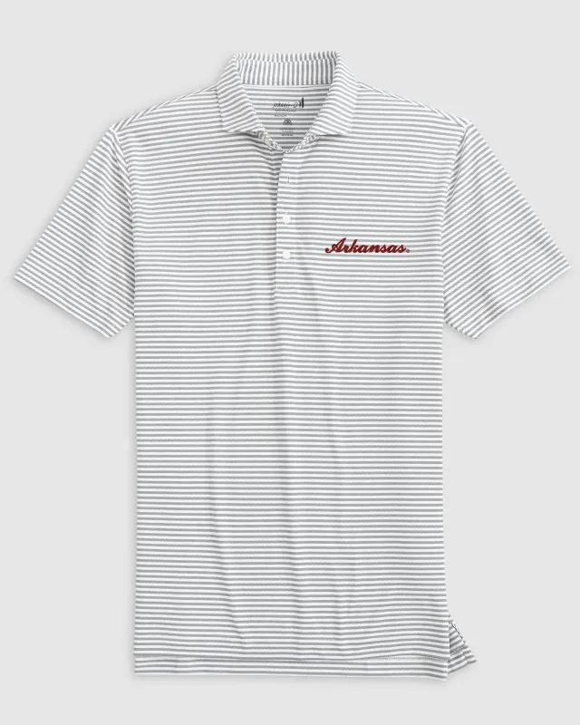 University of Arkansas Stetsons Striped Performance Mesh Polo - Script Logo sold by Johnnie-O