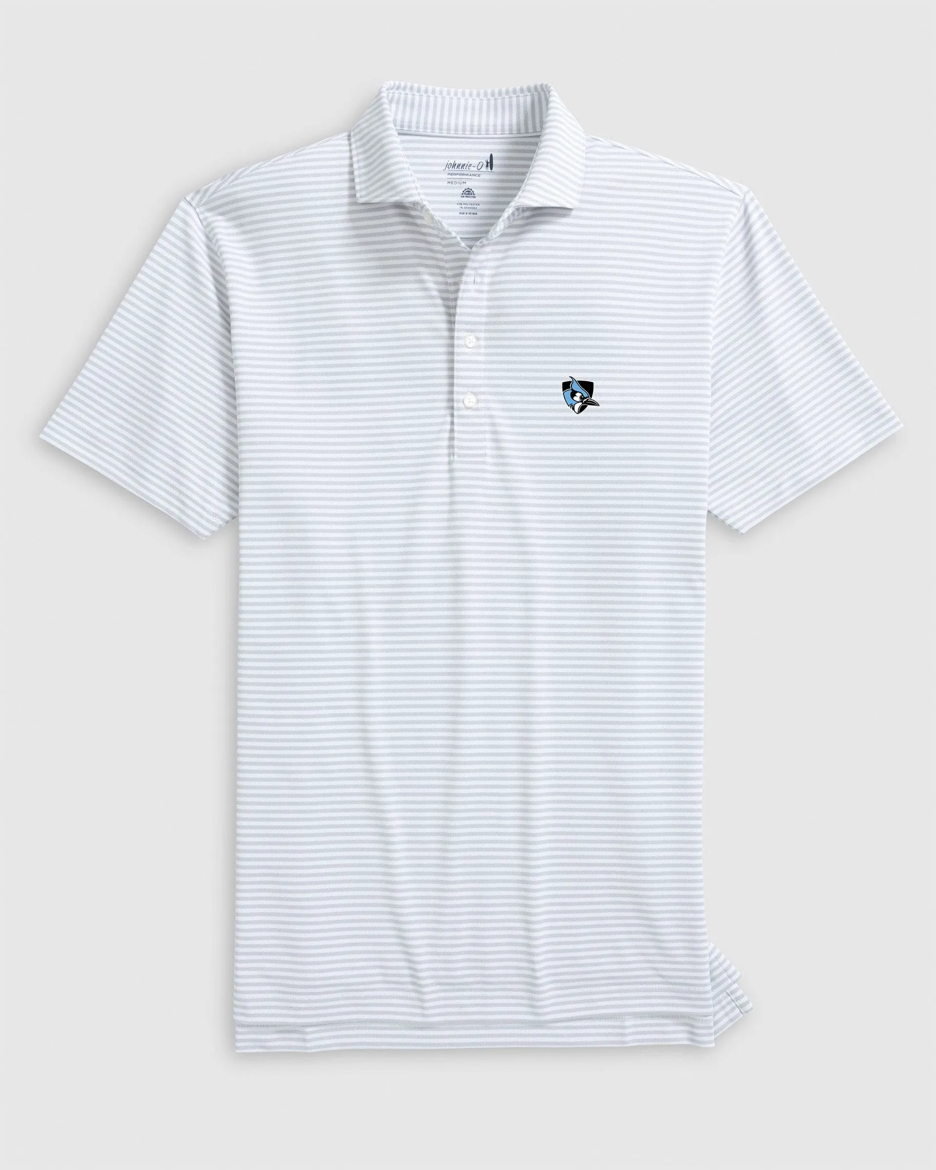 Johns Hopkins Stetsons Striped Performance Mesh Polo- Athletic Logo sold by Johnnie-O