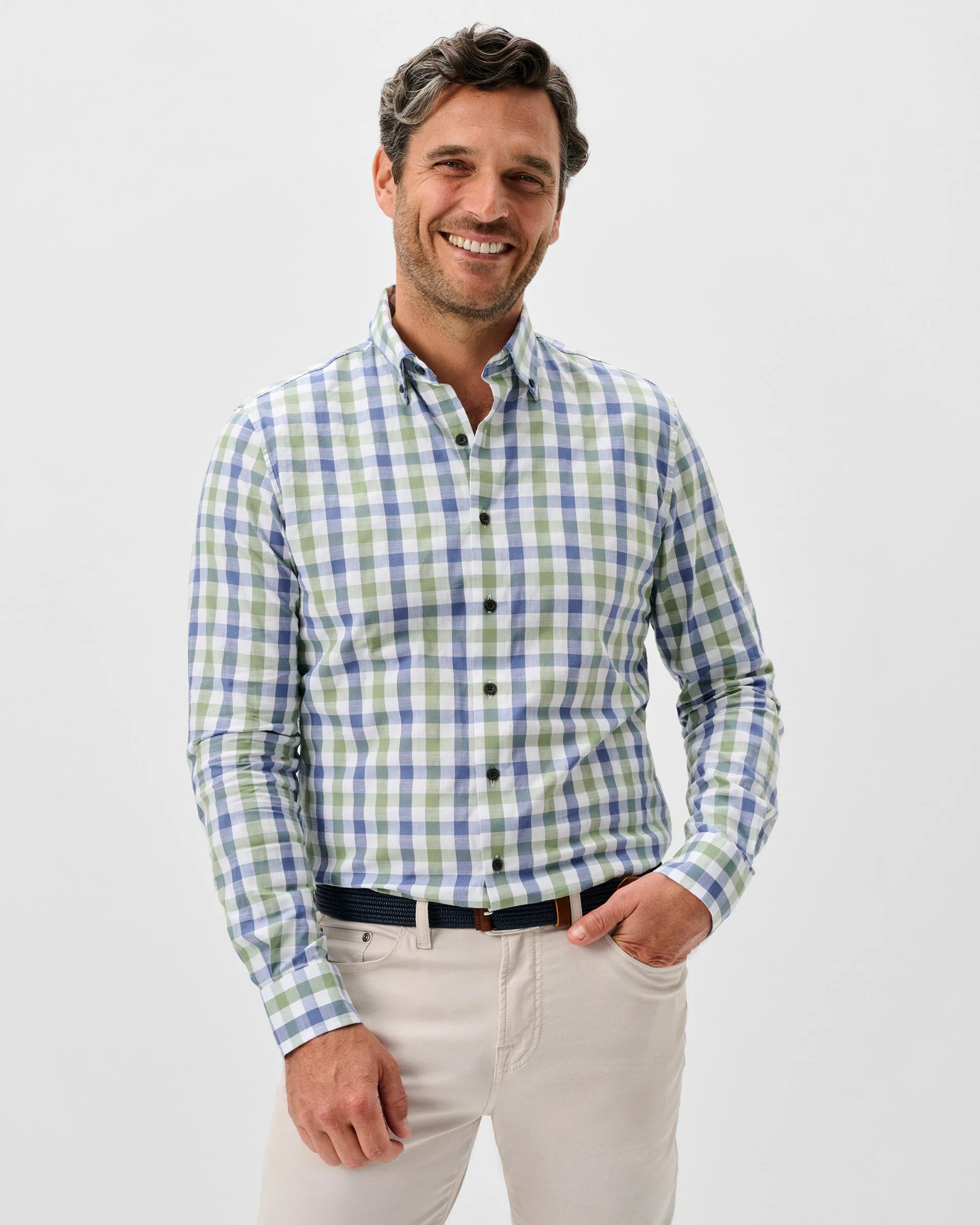 Slub Cotton Button Down Shirt - Candler Exploded Check sold by Johnnie-O