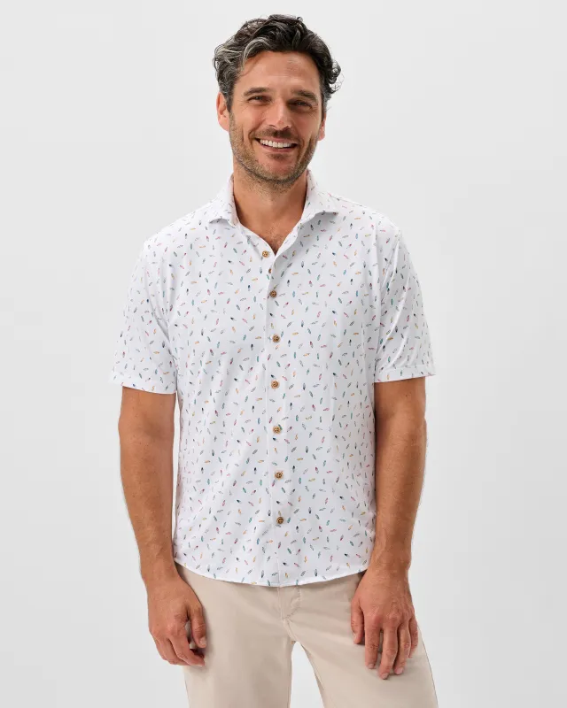Printed Mesh Short Sleeve Button Down Shirt - Shortboard Print made by Johnnie-O