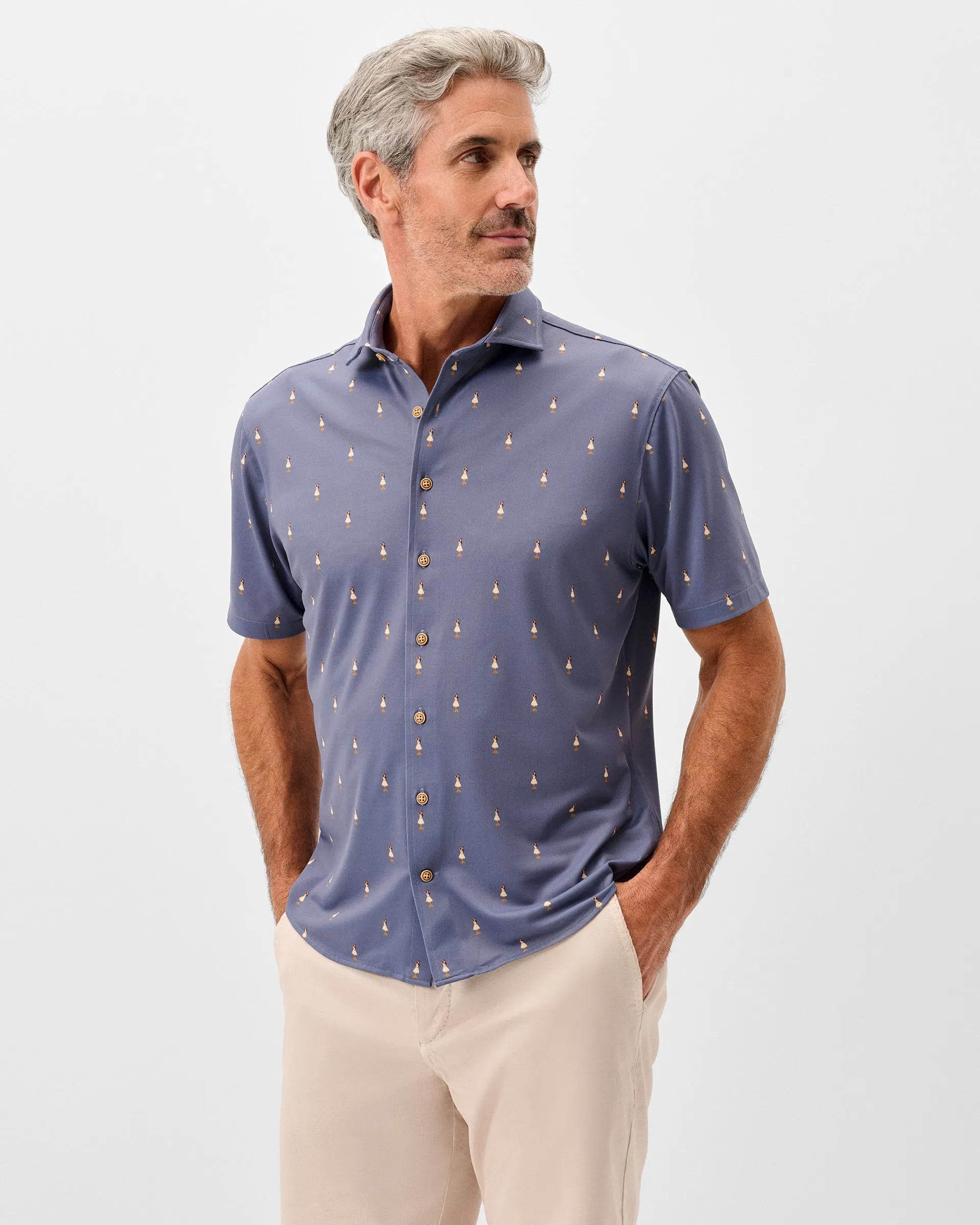 Printed Mesh Short Sleeve Button Down Shirt - Hula Dance Print sold by Johnnie-O