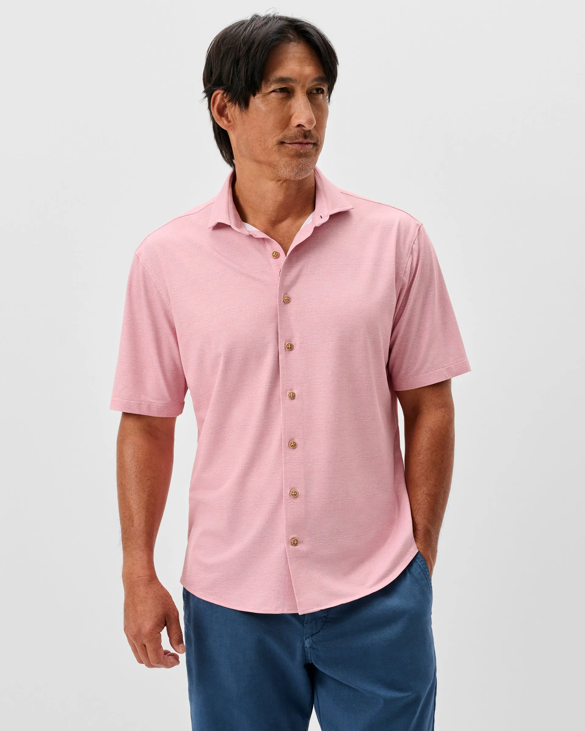 Printed Mesh Short Sleeve Button Up Shirt - Breck Printed Solid Knit sold by Johnnie-O