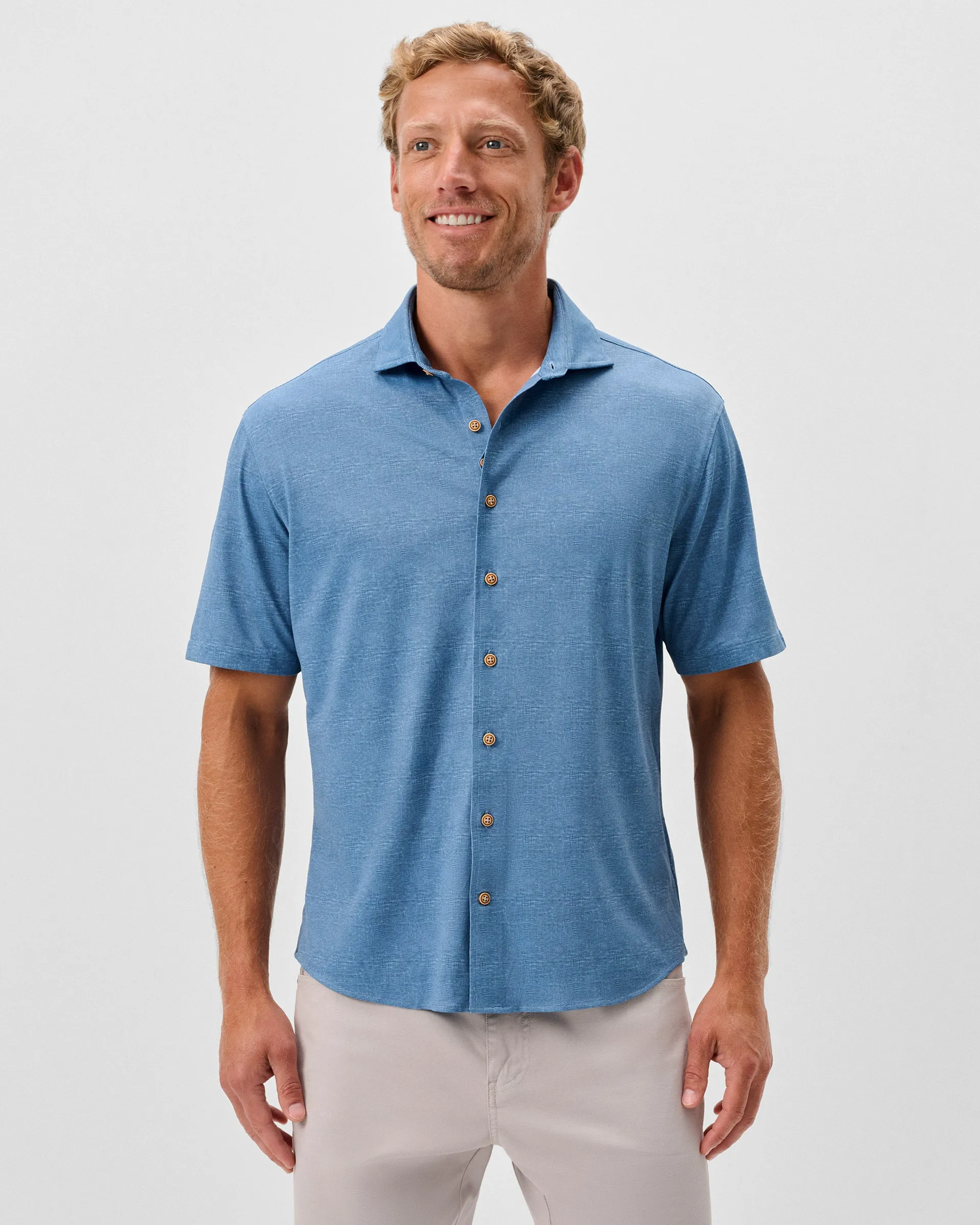 Printed Mesh Short Sleeve Button Up Shirt - Breck Printed Solid Knit sold by Johnnie-O