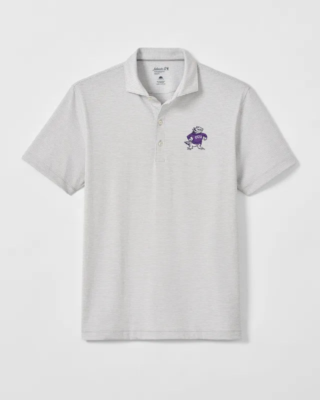 Texas Christian University Lyndonn Striped Jersey Performance Polo - Vault Logo made by Johnnie-O