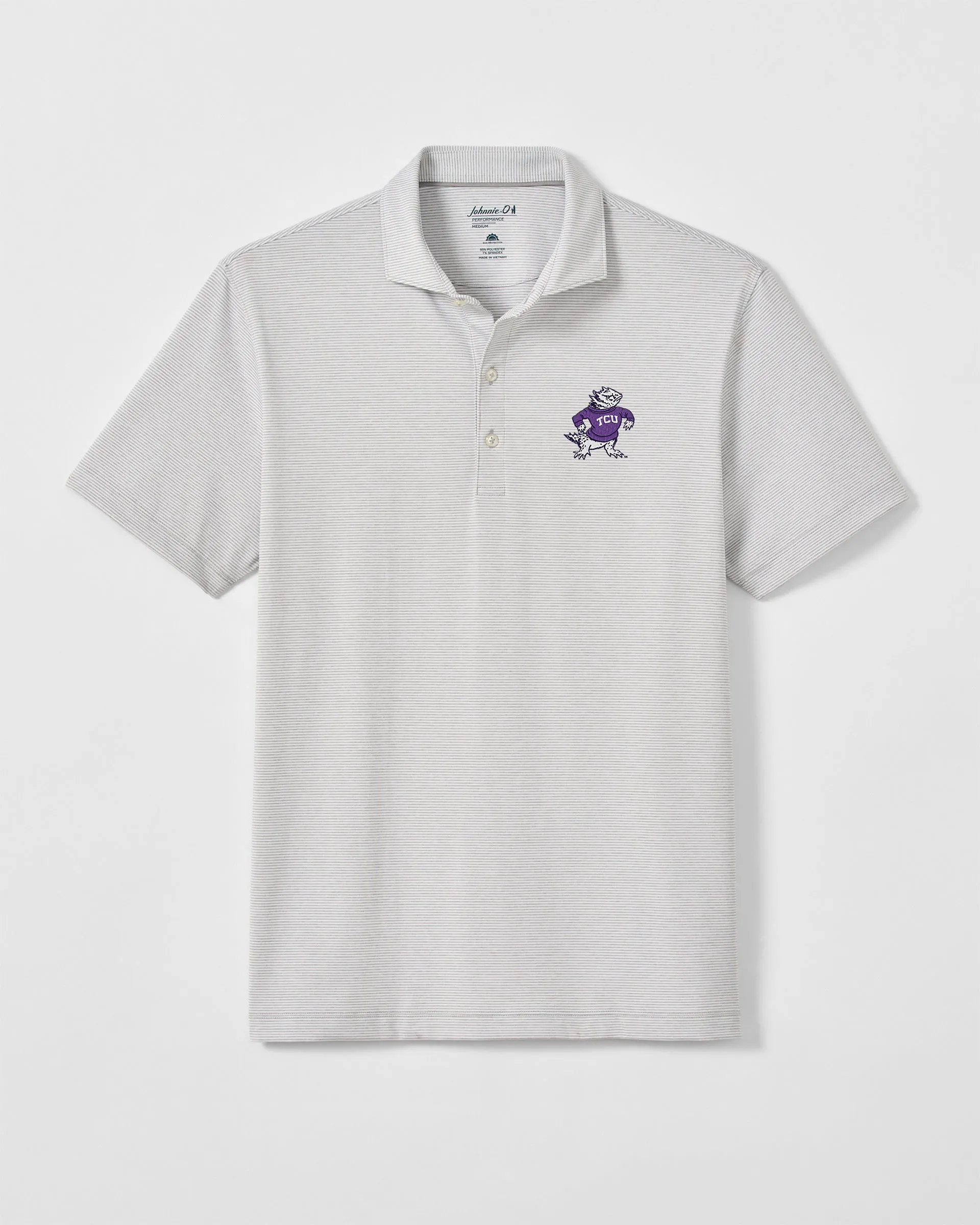 Texas Christian University Lyndonn Striped Jersey Performance Polo - Vault Logo sold by Johnnie-O