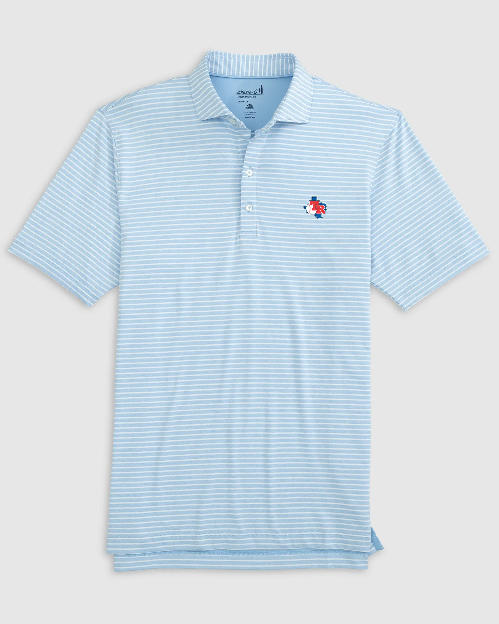Texas Rangers Clipperr Striped Jersey Performance Polo - Cooperstown Logo sold by Johnnie-O