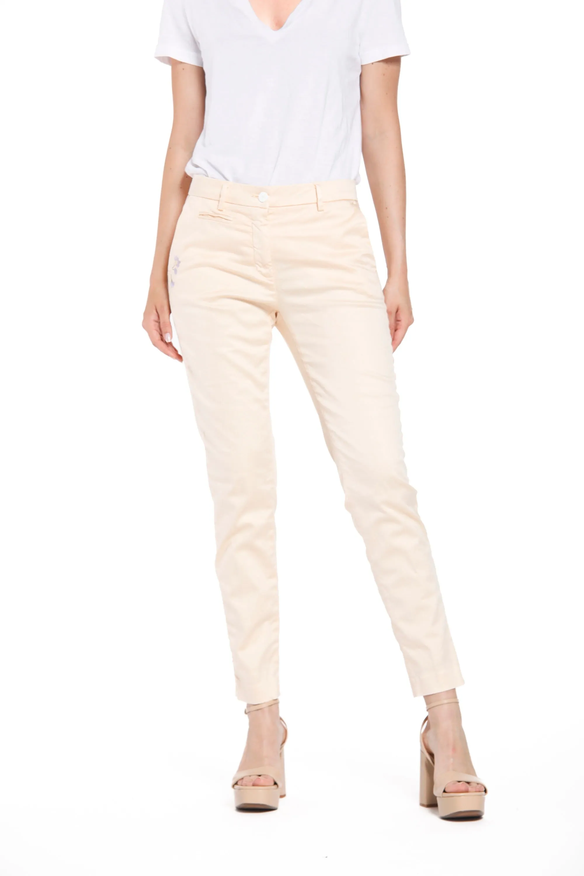New York Slim woman chino pants in stretch satin with embroidery slim sold by Mason's
