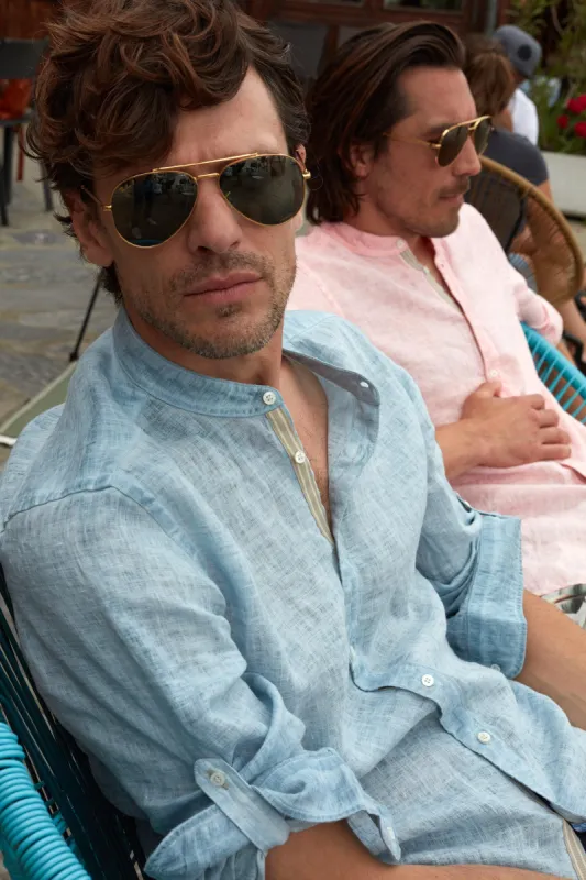 Porto man shirt in "cold dye" linen with mandarin collar and ribbons sold by Mason's