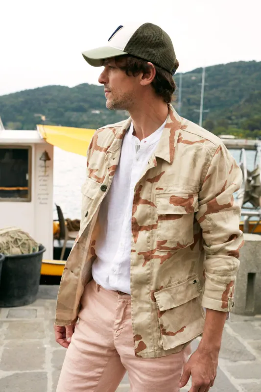 Flyshirt man jacket in camouflage linen with palm trees pattern sold by Mason's