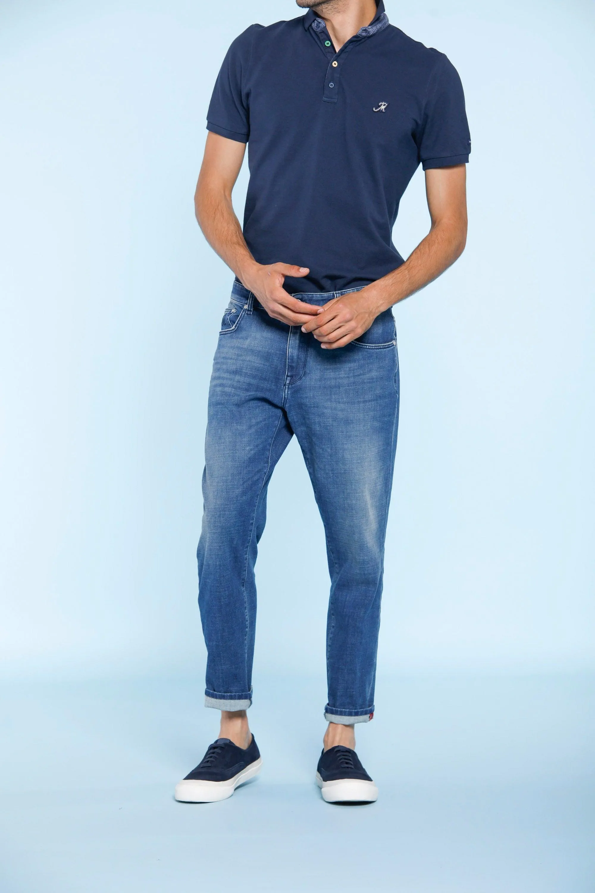 Forte Forte man 5-pockets pants in blue denim carrot fit sold by Mason's