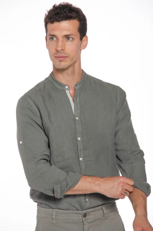 Porto man shirt in linen with long sleeves and mandarin collar regular ① sold by Mason's