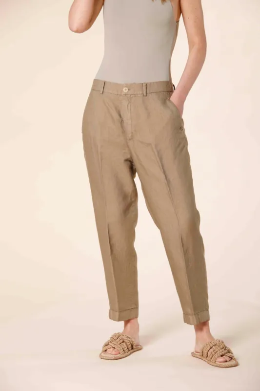 Linda Summer women's chino jogger pants in tencel and linen mat fabric relaxed sold by Mason's