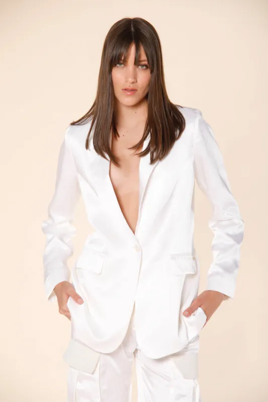 Irene women's long blazer with one button in satin sold by Mason's