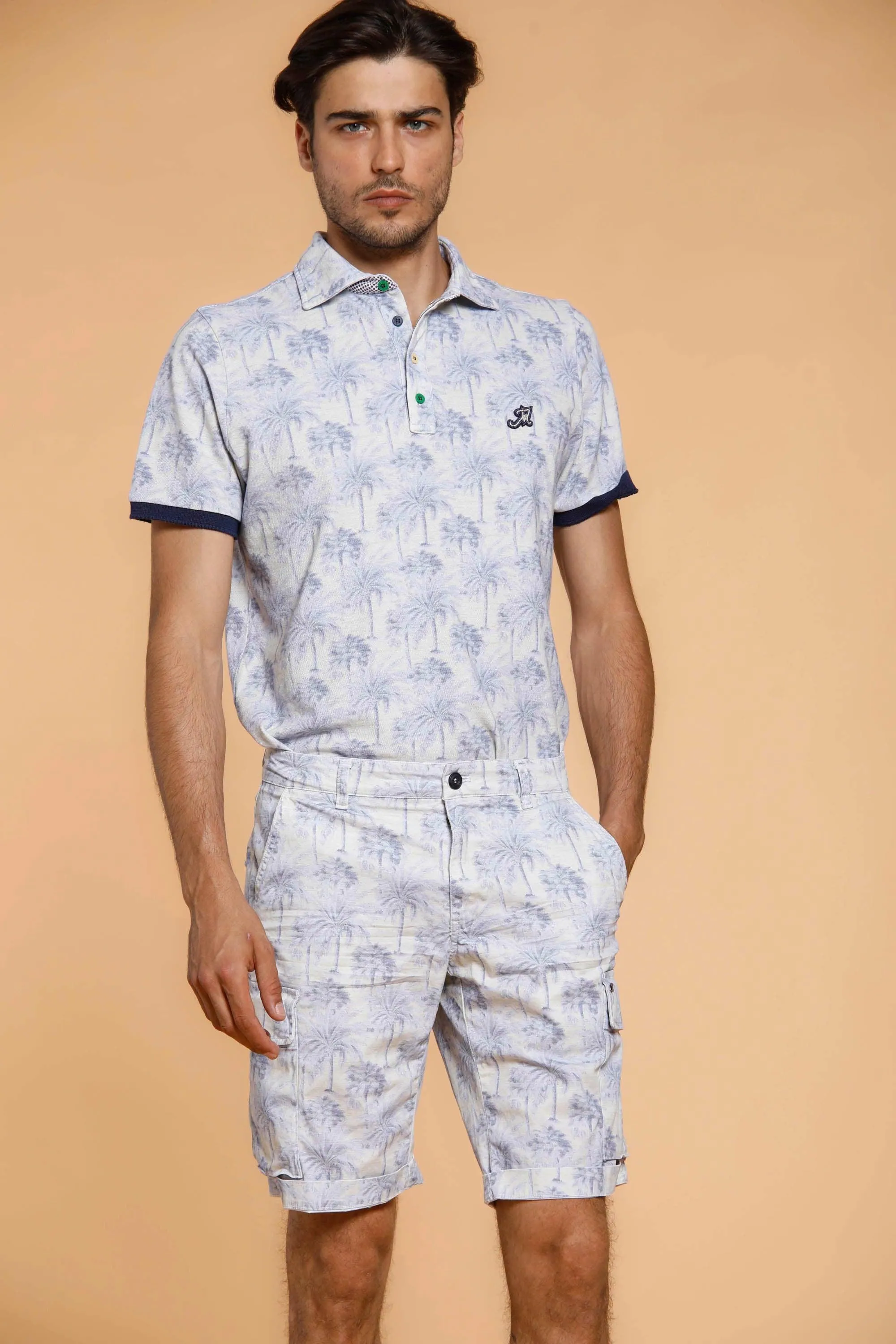 Print man polo shirt in cotton with palm pattern and details sold by Mason's