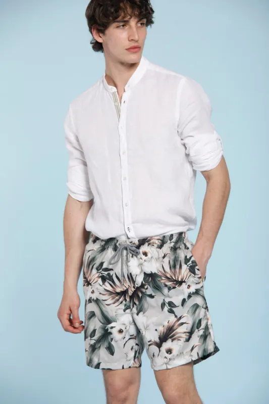 Versilia Beach Chinos man swimming trunks with hibiscus pattern in polyester sold by Mason's
