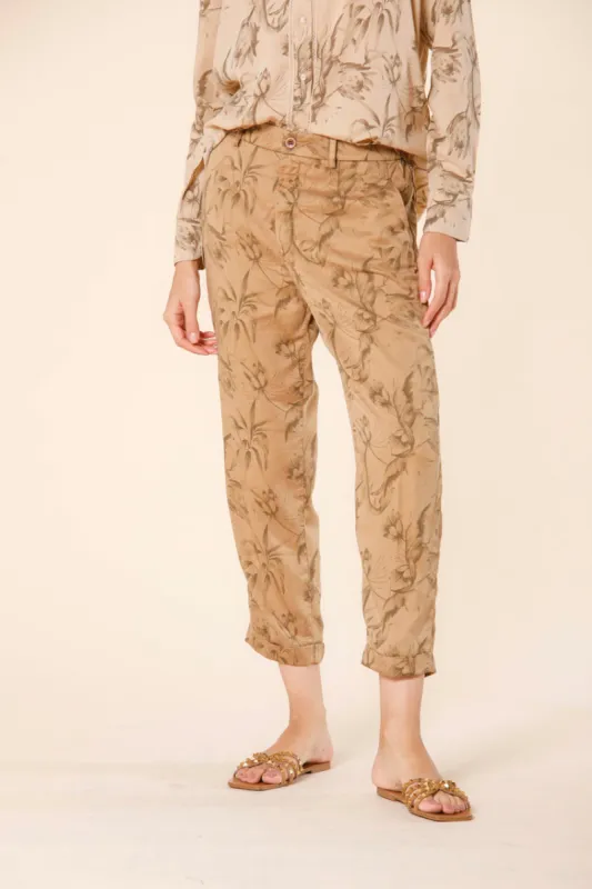 Linda Summer women's chino jogger pants in tencel with leaves print relaxed sold by Mason's