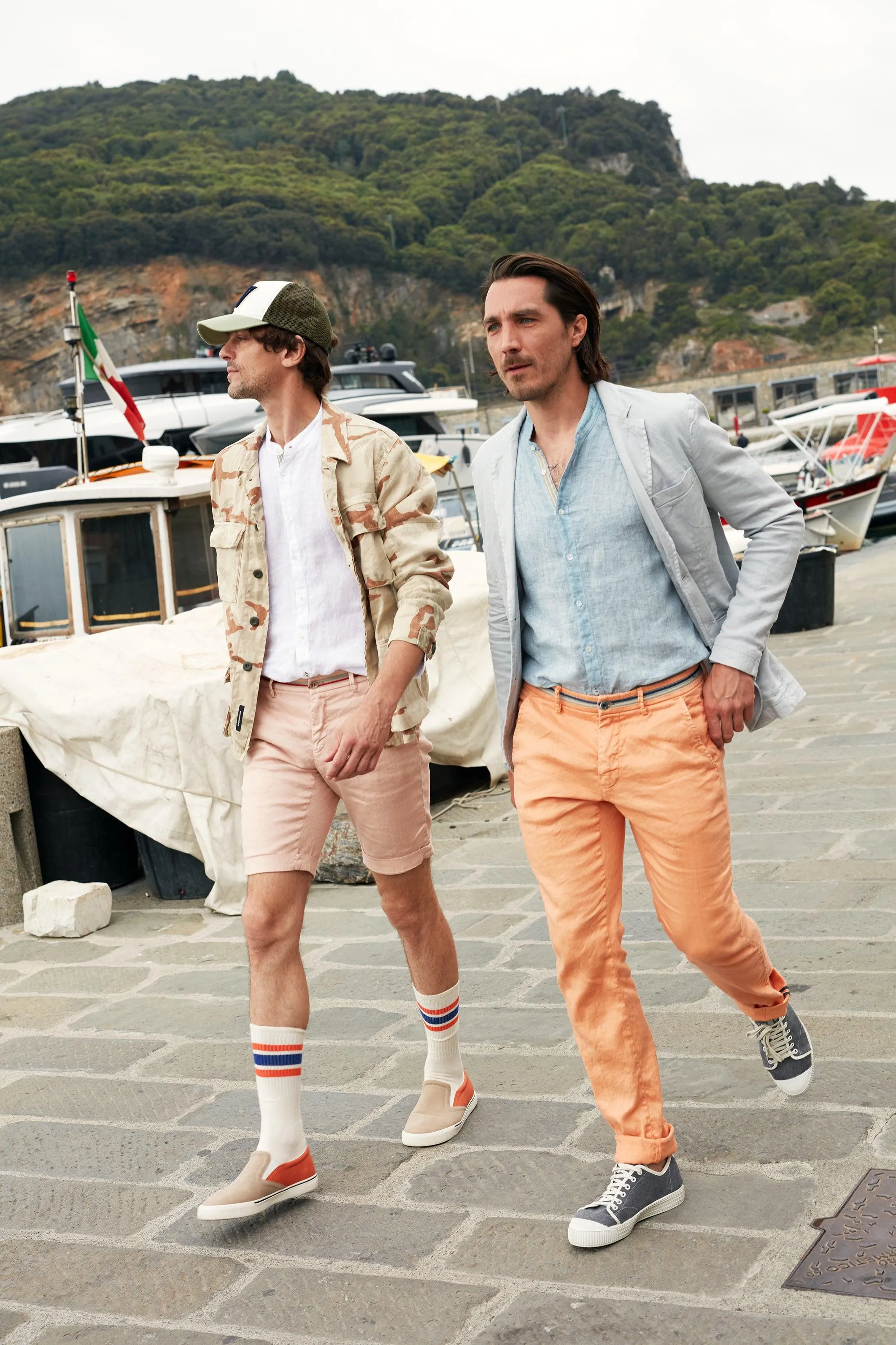 Torino Oxford man chino pants in linen and cotton with ribbon slim sold by Mason's