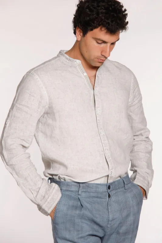 Porto man shirt in "cold dye" linen with mandarin collar and ribbons sold by Mason's