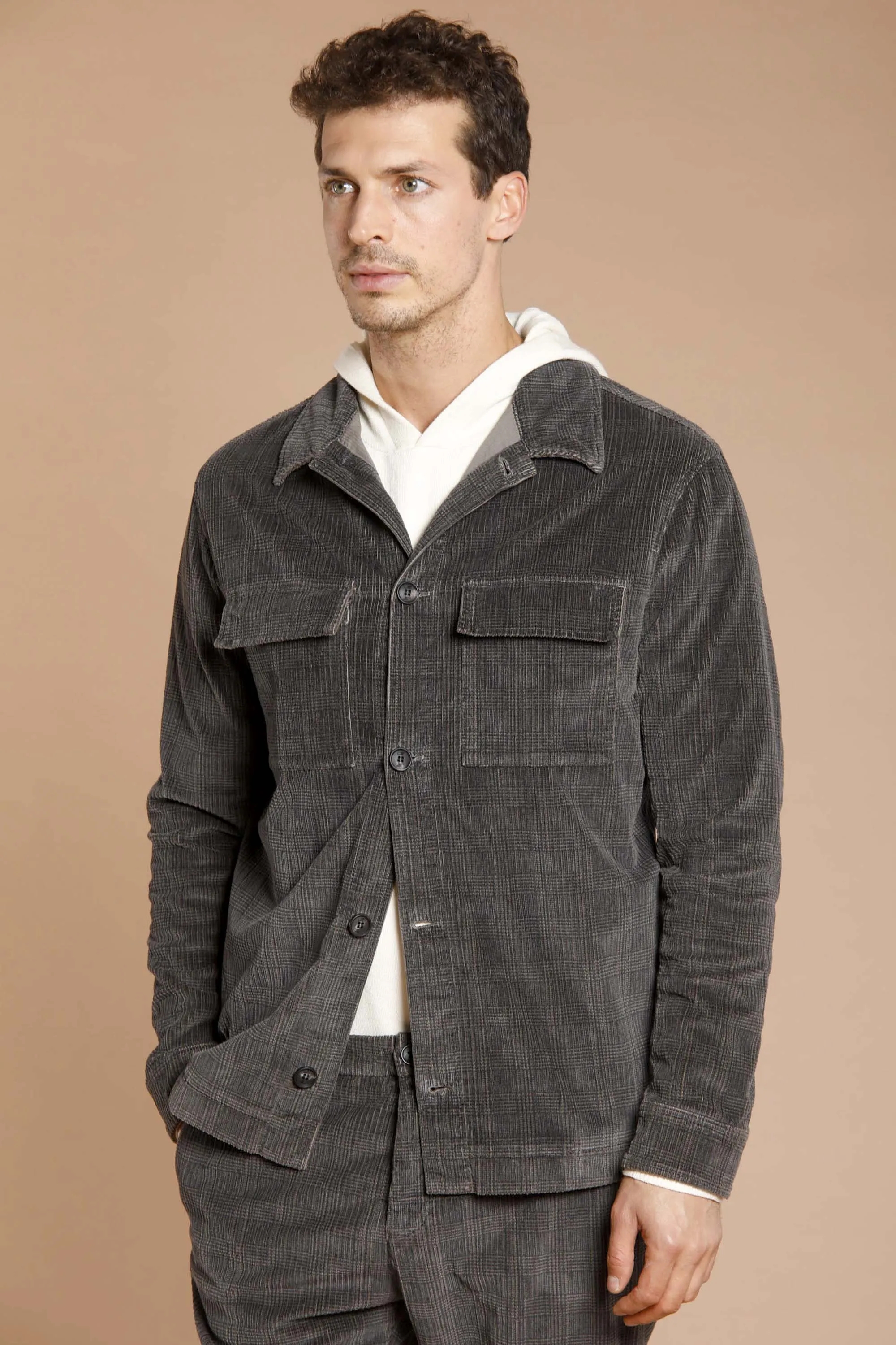 Steve man corduroy overshirt with chevron pattern sold by Mason's