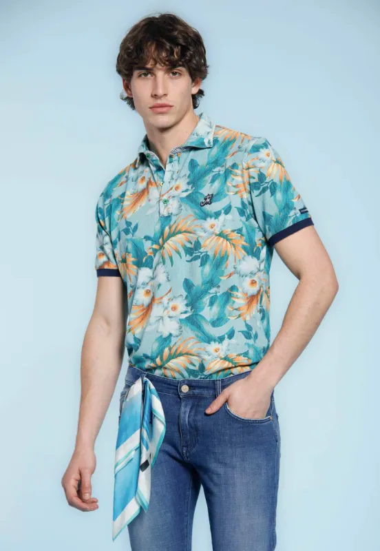 Print man polo shirt in cotton with flower  pattern and details sold by Mason's