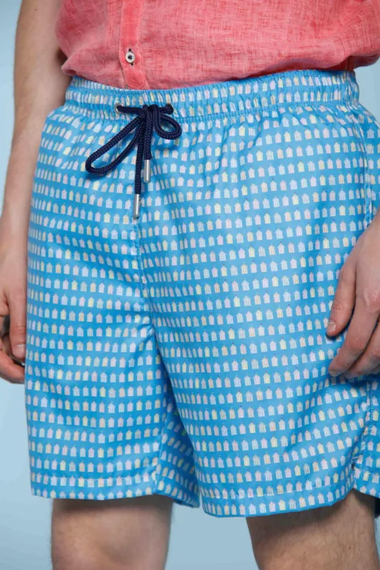 Versilia Beach Chinos man swimming trunks with sea cabin pattern in polyester sold by Mason's