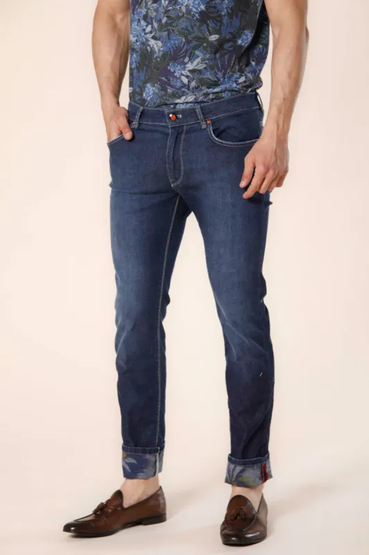 Harris 5 pockets men's pant  in stretch denim with blue flower pattern slim sold by Mason's