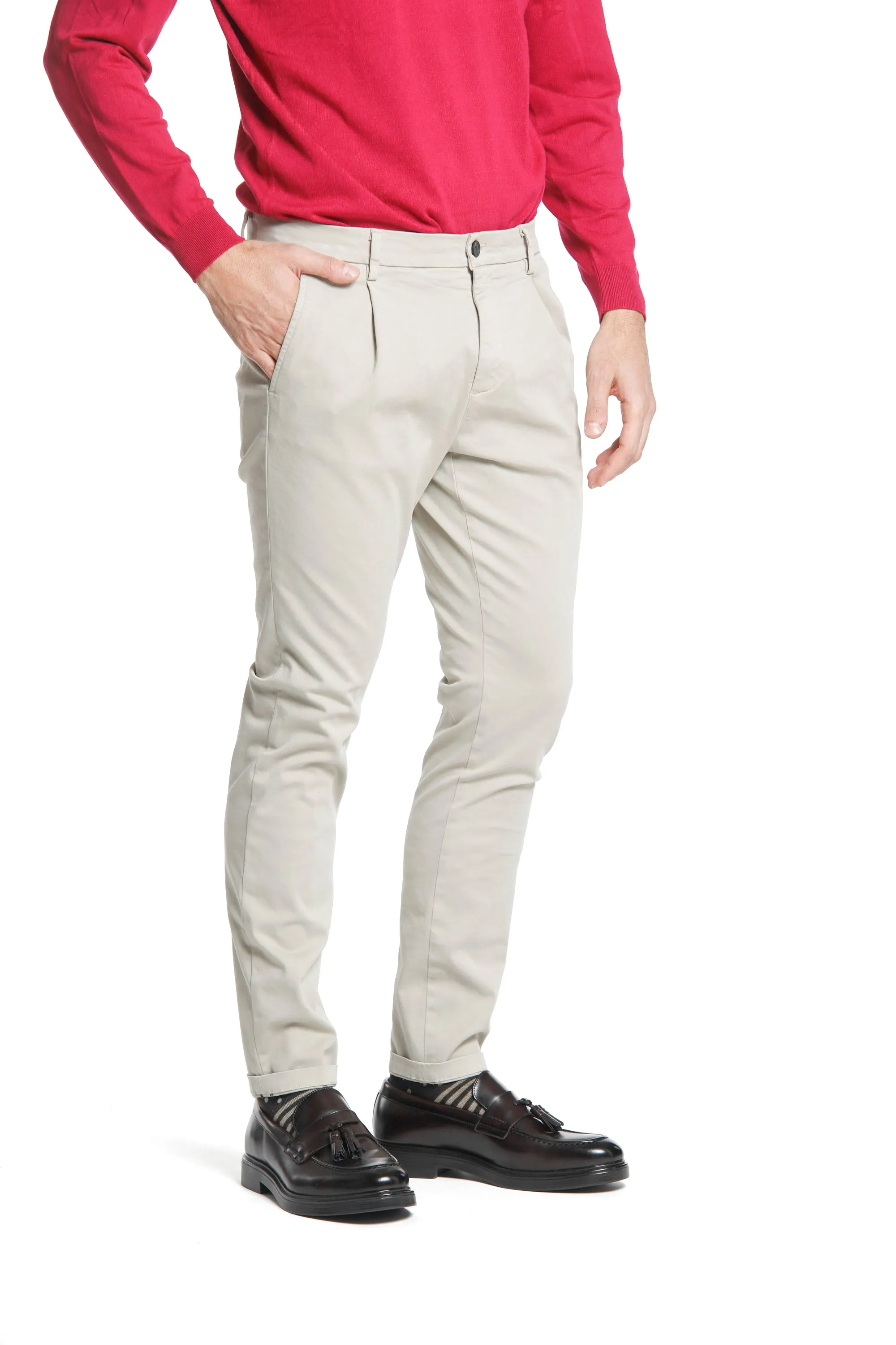 Osaka 1 Pinces man chino pant in satin carrot fit sold by Mason's