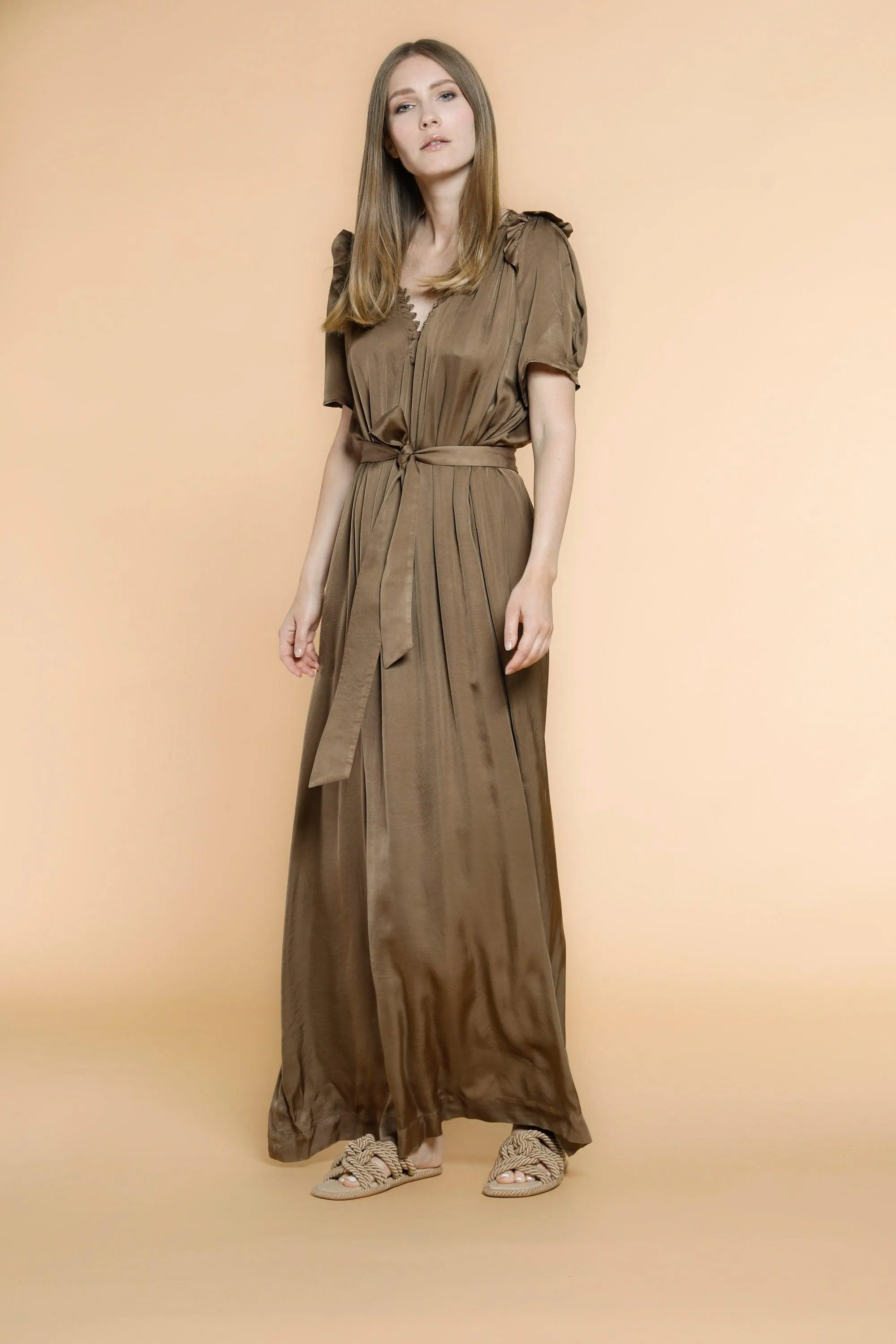 Kim woman long dress in viscose with short sleeves, belt and details sold by Mason's