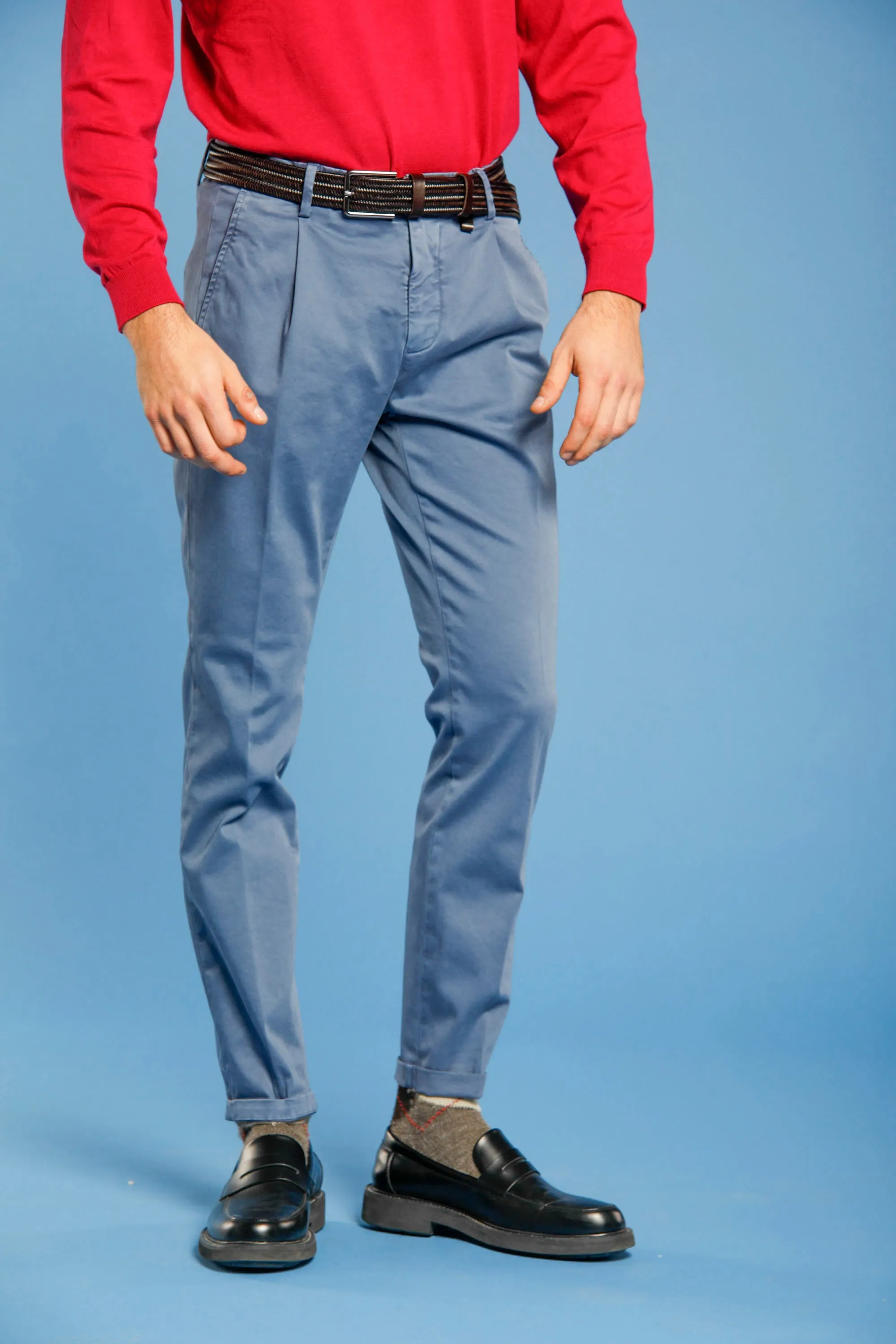 Osaka 1 Pinces man chino pant in satin carrot fit sold by Mason's