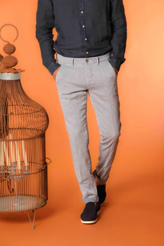 Torino men's chino pants in cotton and linen twill with blue thread slim fit sold by Mason's