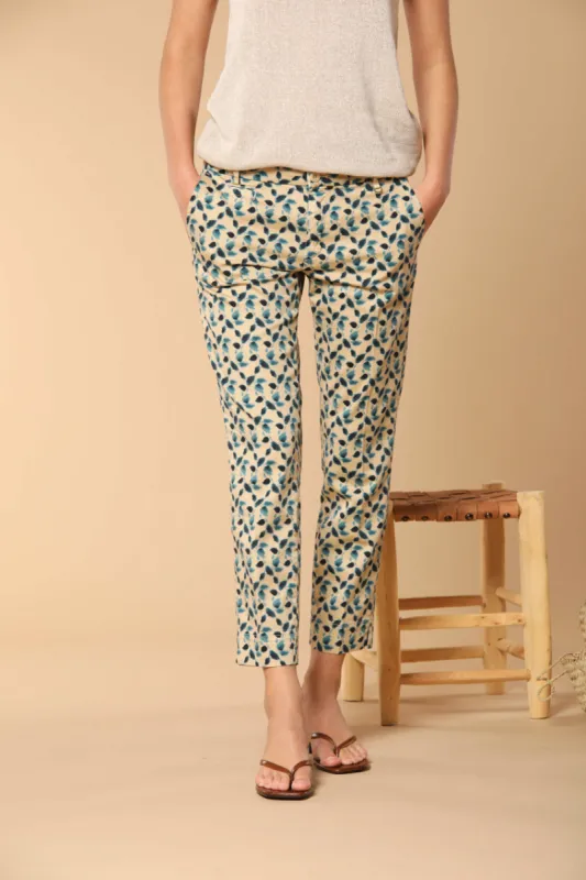 Jaqueline women's chino capri trousers in stretch cotton satin with leaf print slim fit sold by Mason's
