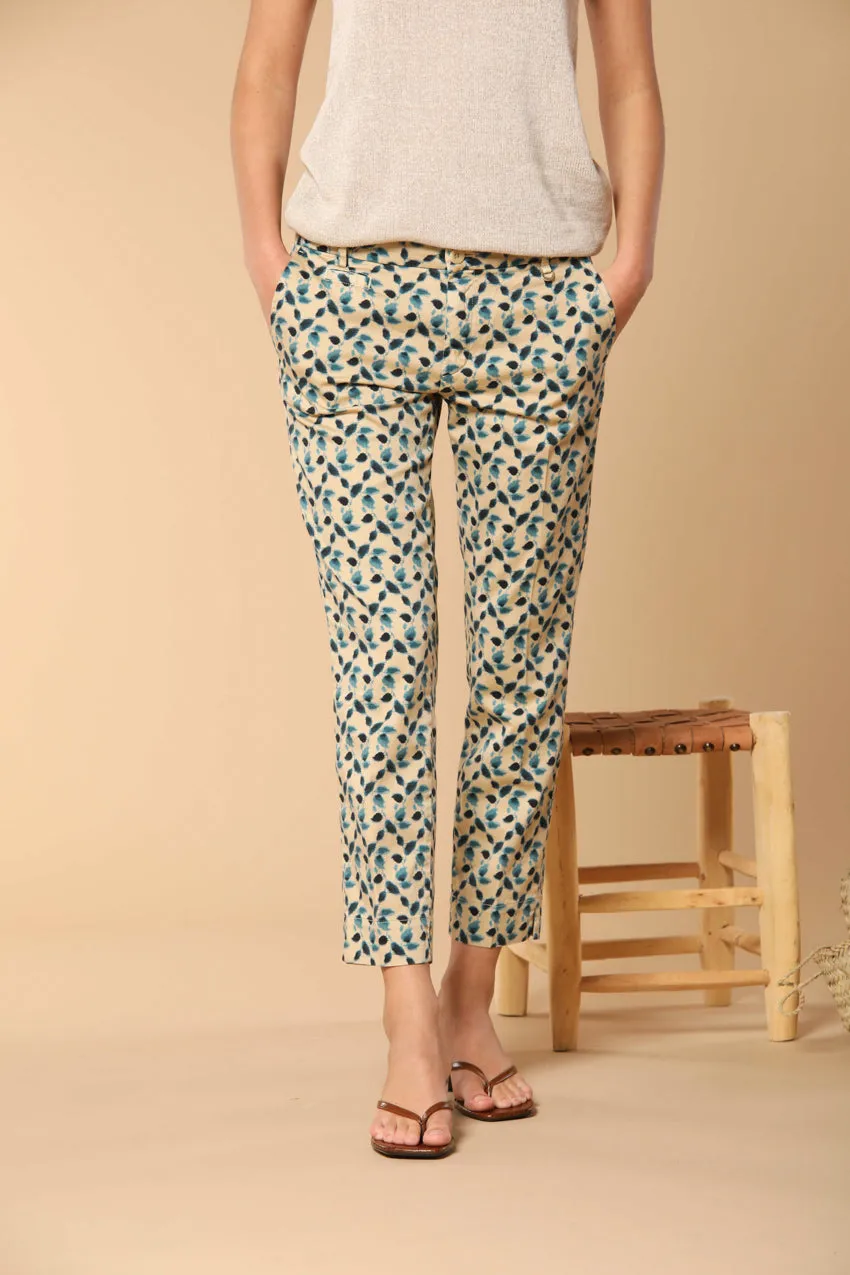 Jaqueline women's chino capri trousers in stretch cotton satin with leaf print slim fit sold by Mason's