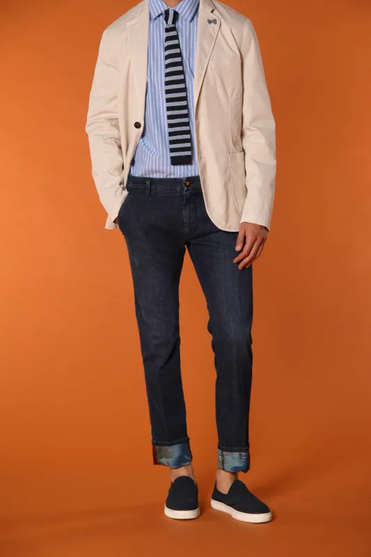 Milano Under 5-Pocket men's chino pants in denim with Safari print lining and slim fit sold by Mason's