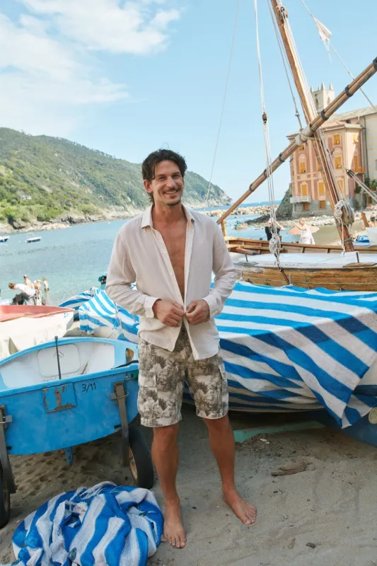 Cargo M74 men's cargo bermuda in cotton and hemp herringbone with floral pattern relaxed fit sold by Mason's