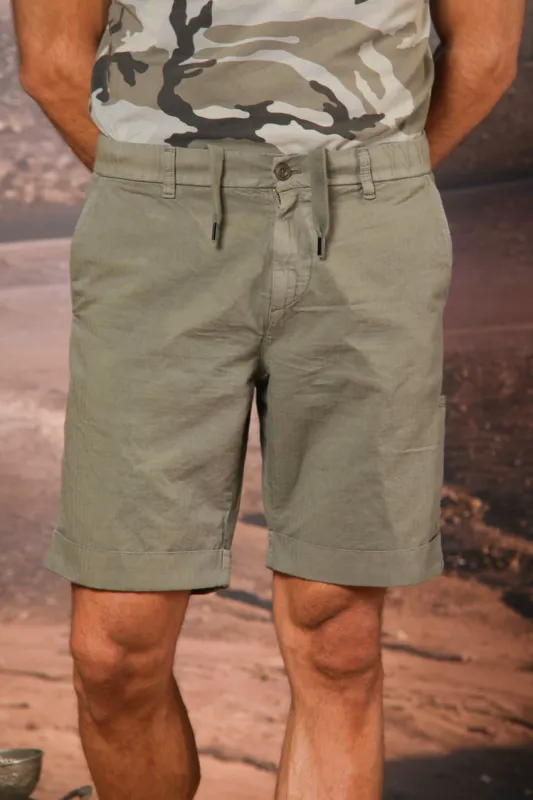Khinos M74 men's chino bermuda shorts in a cotton and hemp blend with herringbone pattern relaxed fit sold by Mason's