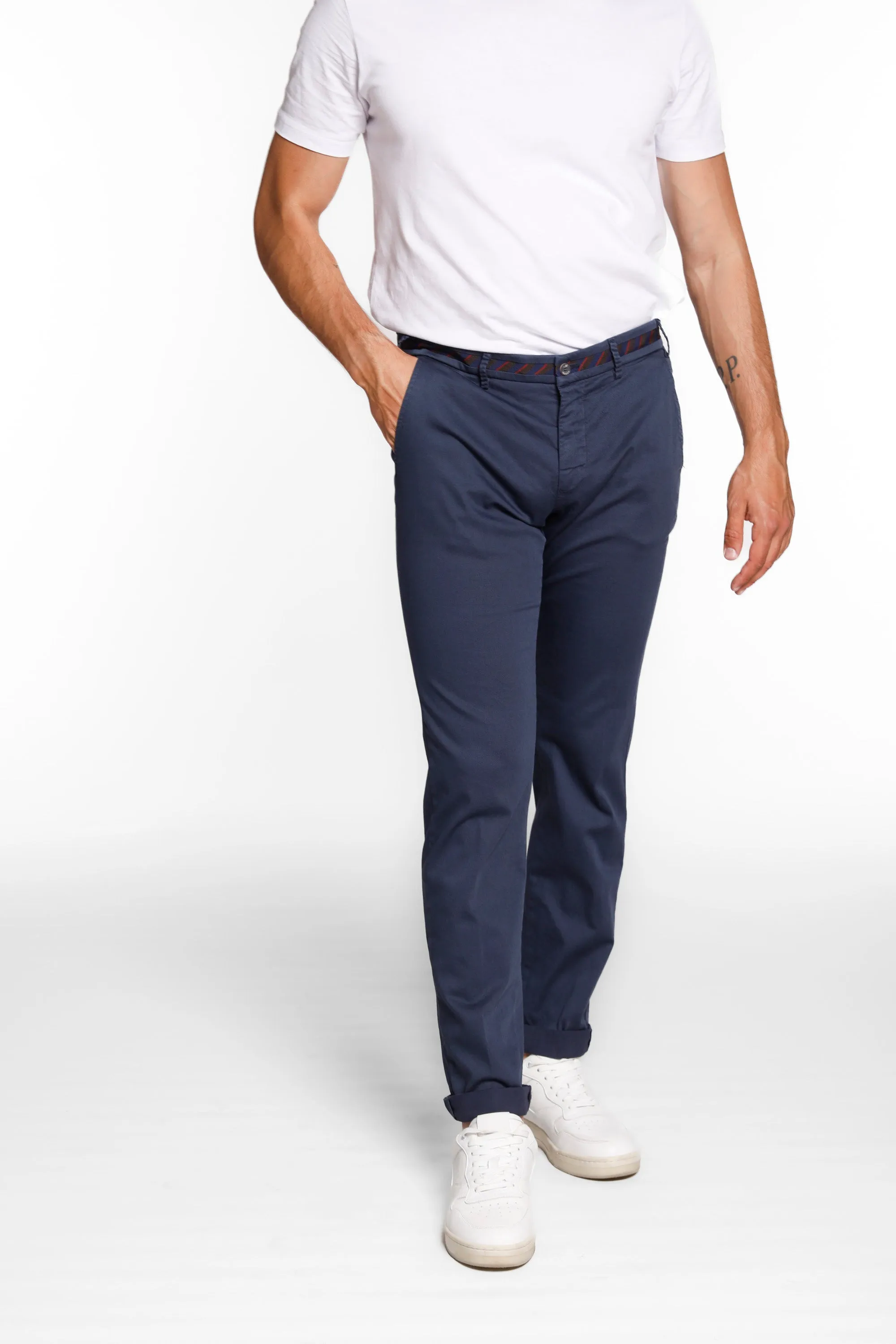 Torino Regimental man chino pants in cotton and tencel with ribbon slim sold by Mason's