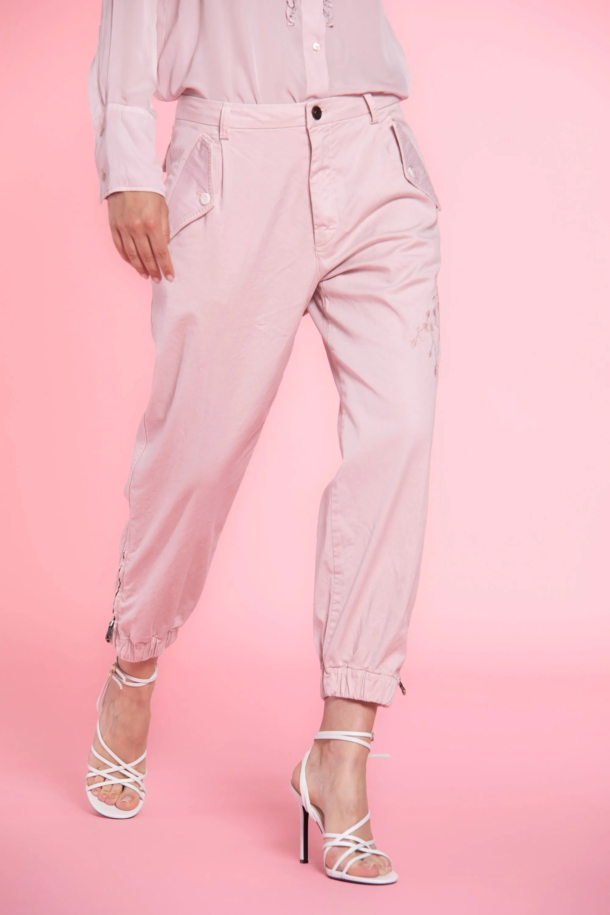 Evita woman cargo pants in tencel and cotton with embroidery curvy sold by Mason's